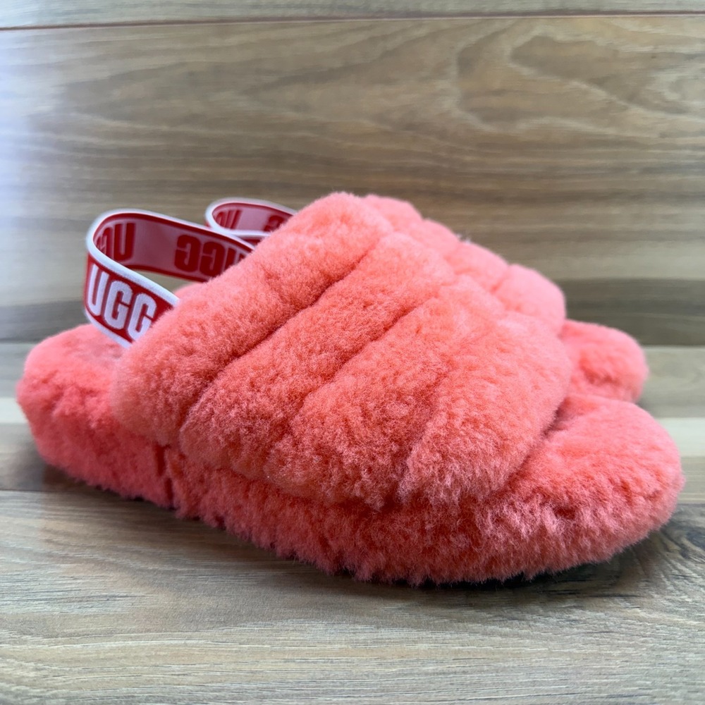 UGG Fluff Yeah Womens Slippers Size 7 Coral Shearling Fur Slingback Cozy Y2K